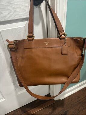Fossil Leather Tote in Cognac Brown